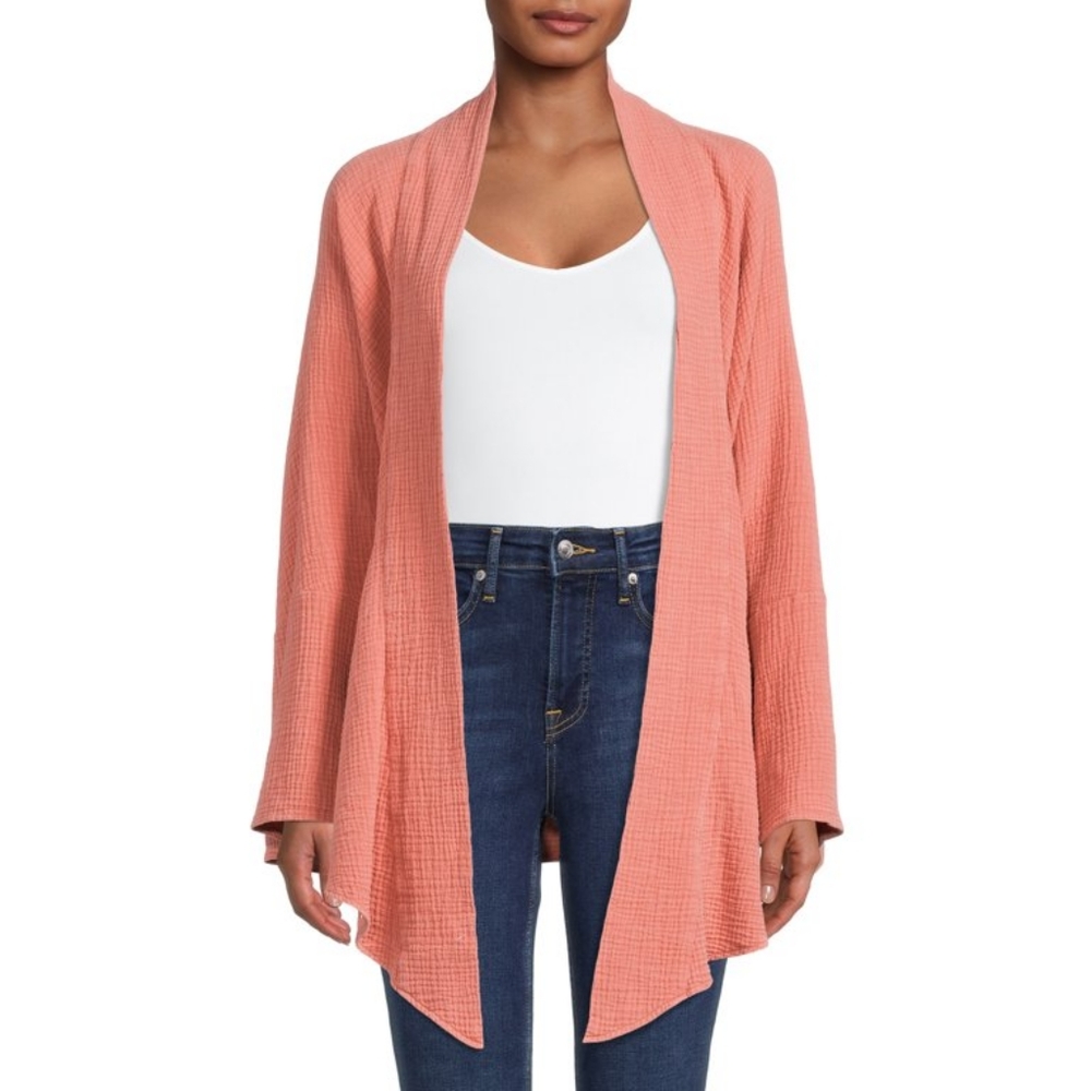 NWOT 100% Cotton Seersucker Oversized Coral Tie Front Kimono Sweater